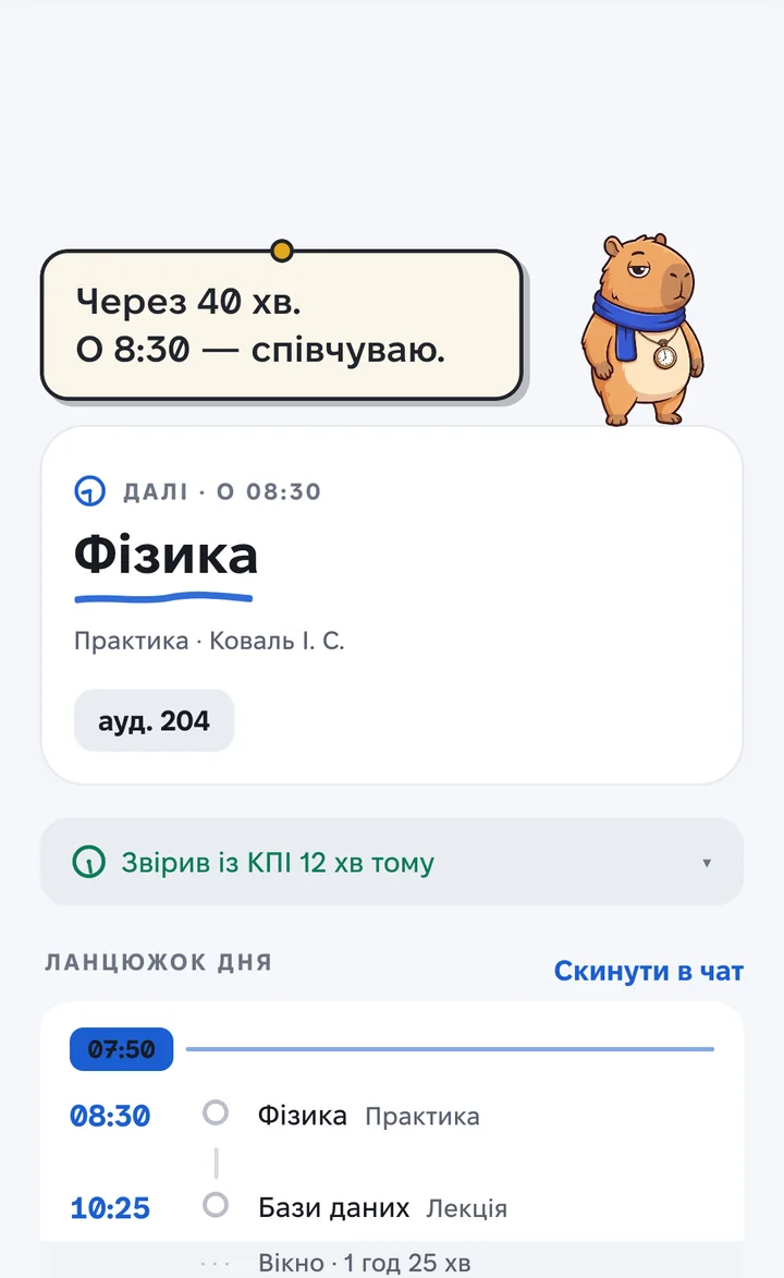 Екран «Сьогодні»: наступна пара Фізика о 8:30, аудиторія 204